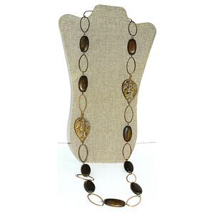 Long 44" Statement Necklace Genuine Wood Beads Gold-Tone Leaf Charms Boho Chic